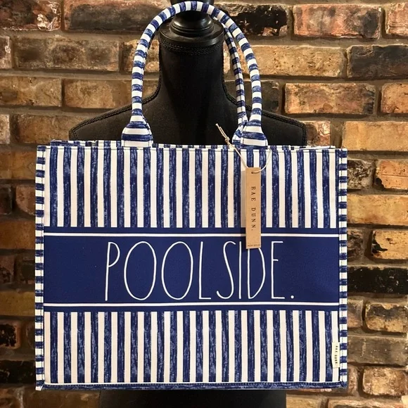 Rae Dunn POOLSIDE Blue and White Stripe Print Poolside Shopper Square Tote NEW! - Picture 1 of 7